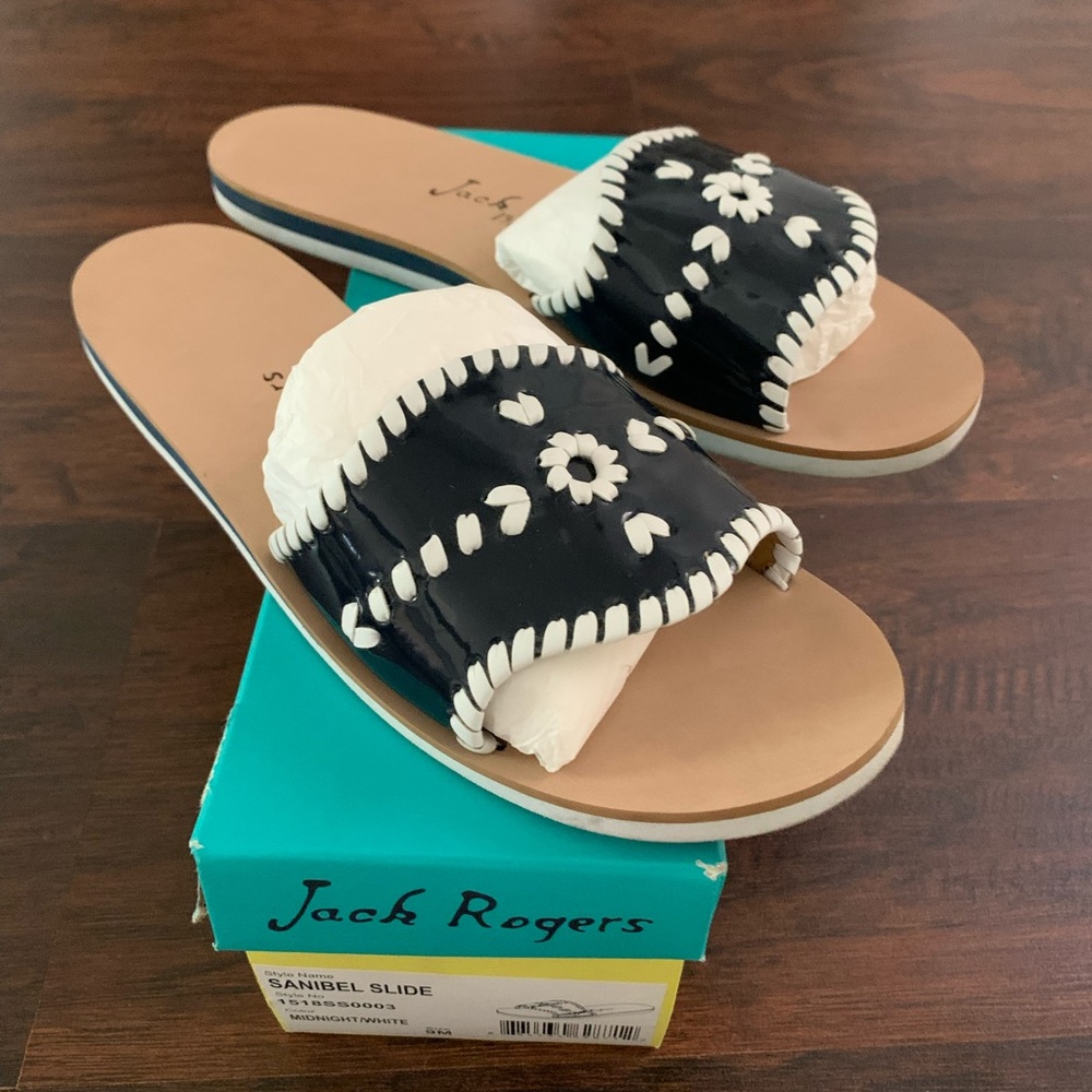 Jack Rogers Sanibel Blue White Patent Sandals 9